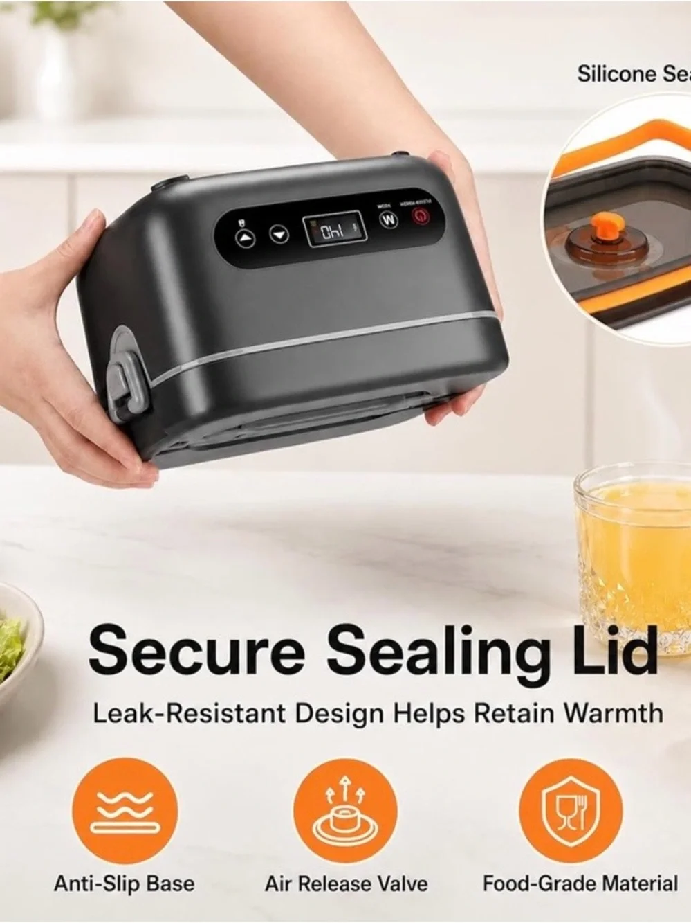 NEW - Heated Lunch Box for Adults, 1.2L Self-Heating Food Warmer, Black Cordless